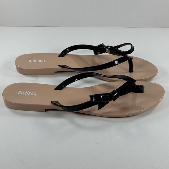 Melissa Shoes - Melissa Harmonic Sweet Bow Thong Sandals Black Beige Vegan Jelly Flip Flops 10